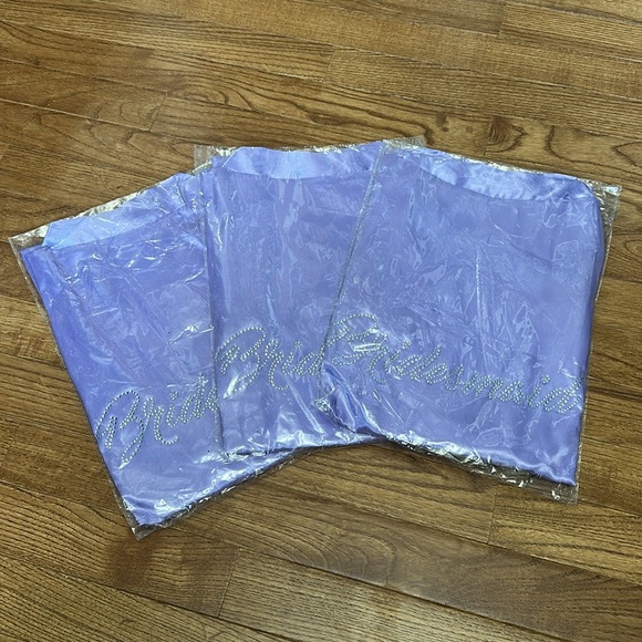 3 Bridesmaids Purple Robes Rhinestone Writing On The Back - Picture 3 of 4